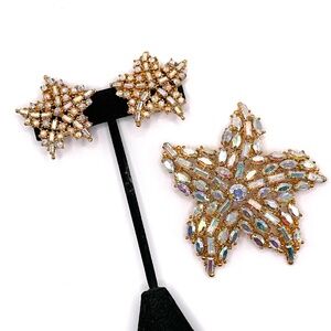 Vintage Bergere Signed Starfish Baguette Rhinestone Brooch Clip Earrings Set LN